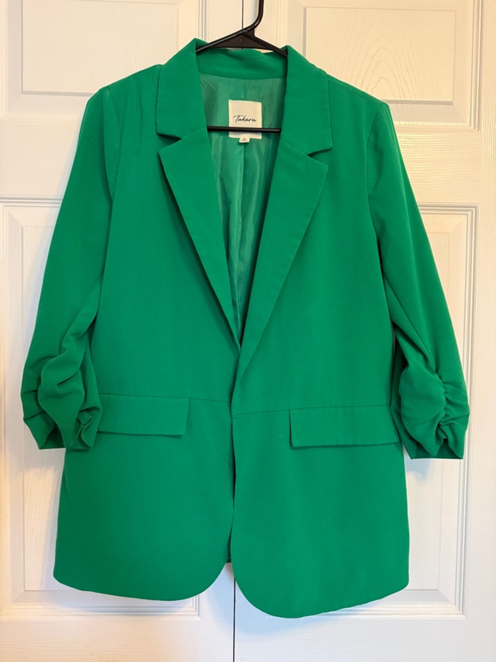 Emerald Green Ruched-Sleeve Open Blazer